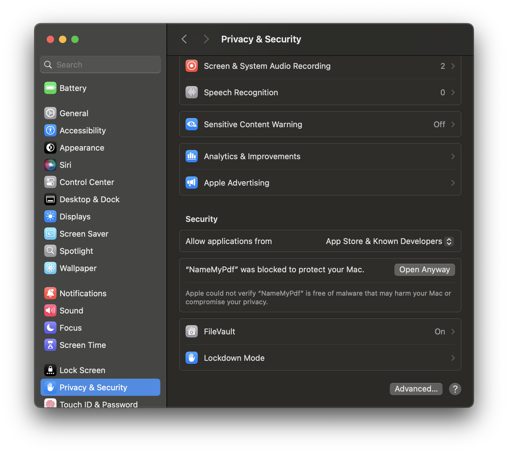 Privacy and Security security options